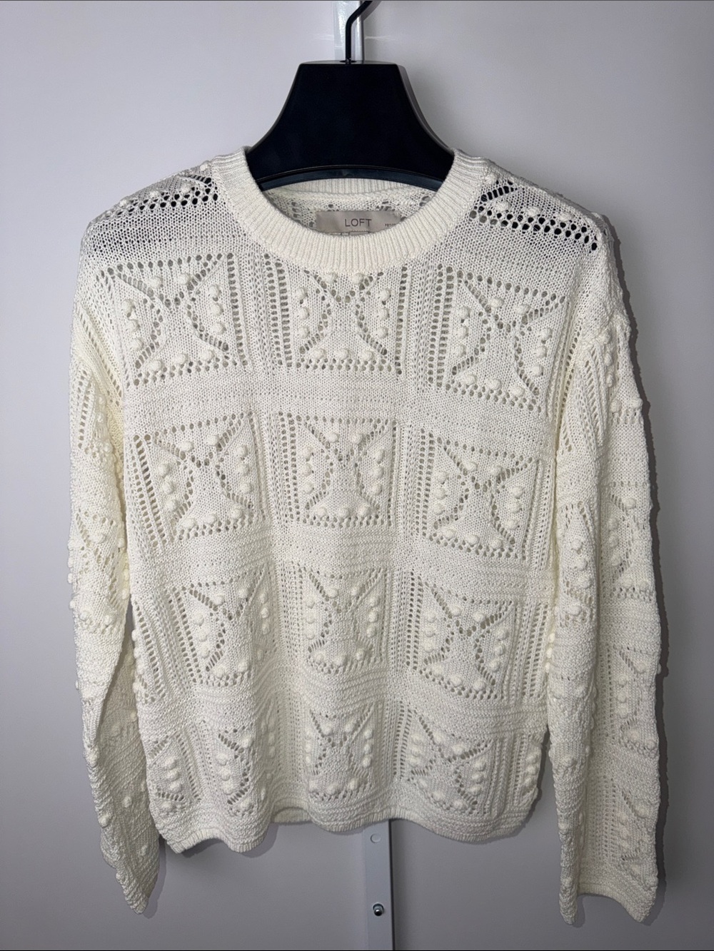 LOFT Cream Openwork Crewneck Sweater